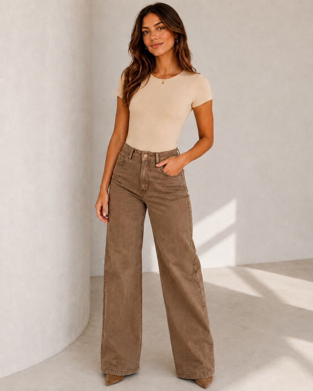 JEAN WIDE LEG TIRO ALTO CAFÉ REF 18335